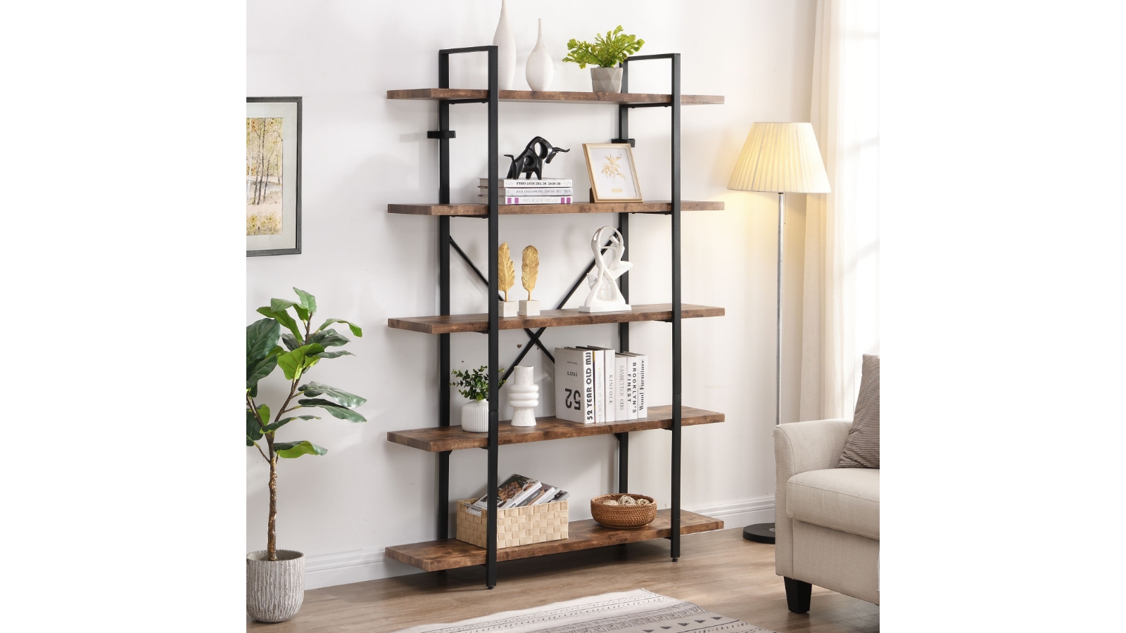 iHomdec 5Tier Rustic Dark Brown Industrial Bookshelf Harvey Norman