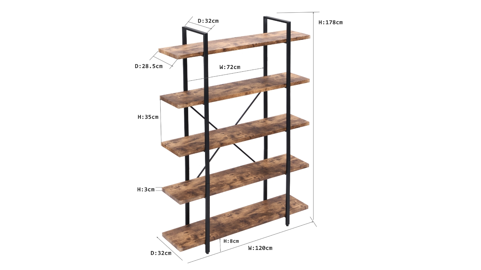 iHomdec 5Tier Rustic Dark Brown Industrial Bookshelf Harvey Norman
