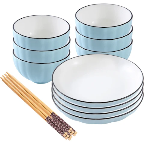 Soga Set of 10 Japanese Style Ceramic Dinnerware Bowl Set - Blue