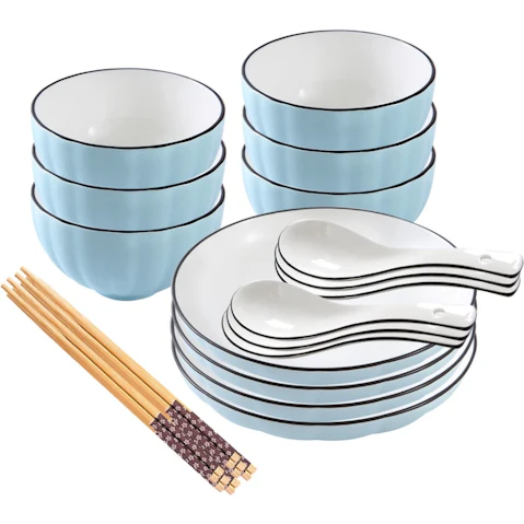 Soga Set of 10 Japanese Style Ceramic Dinnerware Bowl Set with Spoons - Blue