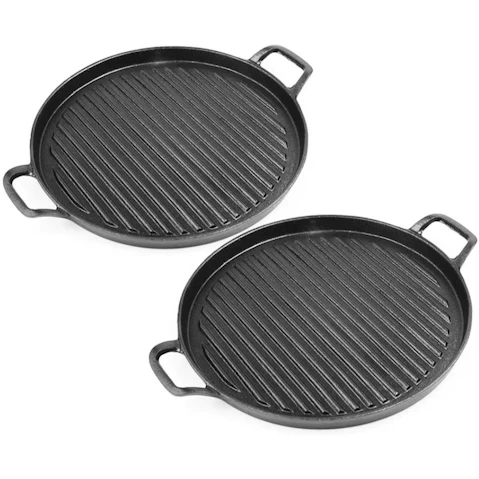 SOGA 2x 30cm Ribbed Cast Iron Frying Pan Skillet Coating Steak Sizzle Platter