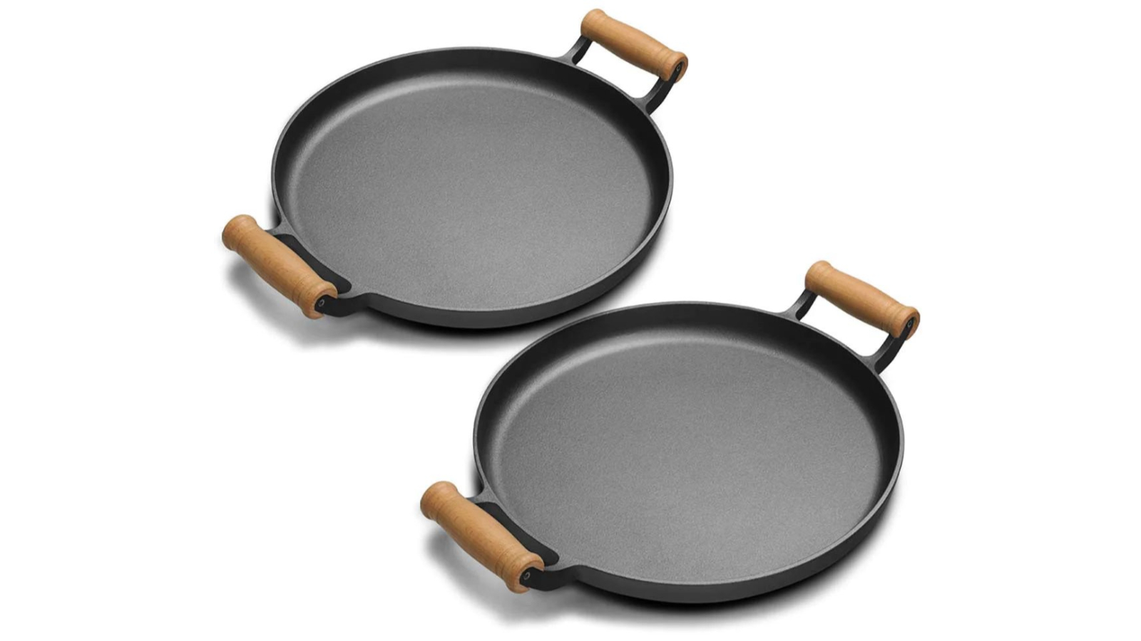 SOGA 2x 35cm Cast Iron Frying Pan Skillet Steak Sizzle Fry Platter With Wooden Handle No Lid