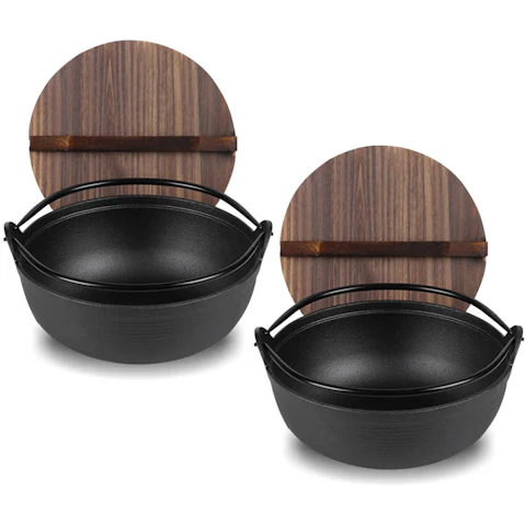 SOGA 2x 25cm Cast Iron Japanese Style Sukiyaki Tetsu Nabe Shabu Hot Pot with Wooden Lid