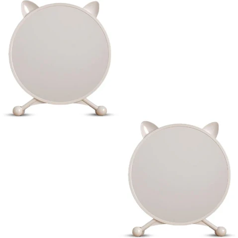 SOGA 2 Piece White Round Smart Bedroom Mirror Table with Cat Ear Style No LED Light - 40cm