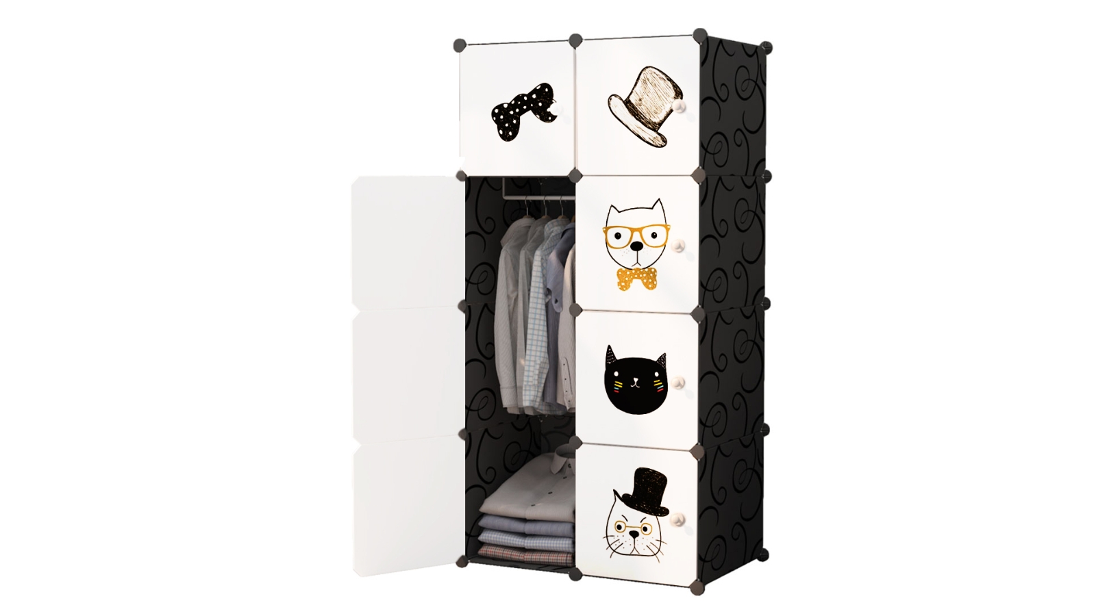 Soga 8 Cubes Modular Cool Cat Design Storage Organiser - Black