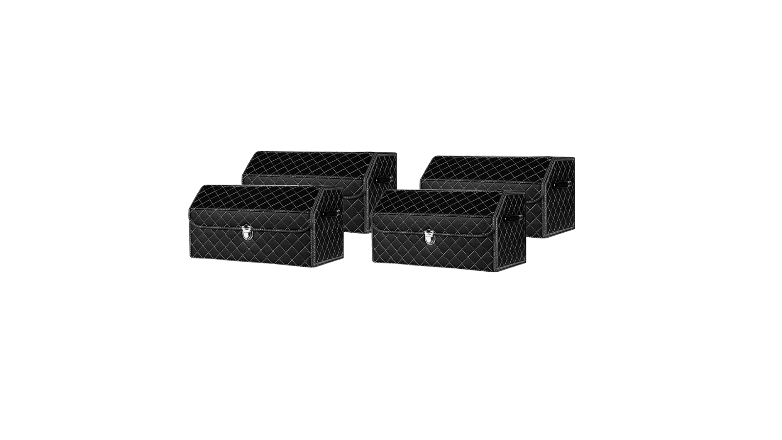 Soga Medium Leather Car Boot Collapsible Foldable Trunk Cargo Organizer Portable Storage Box Black/White Stitch with Lock - 4 Piece