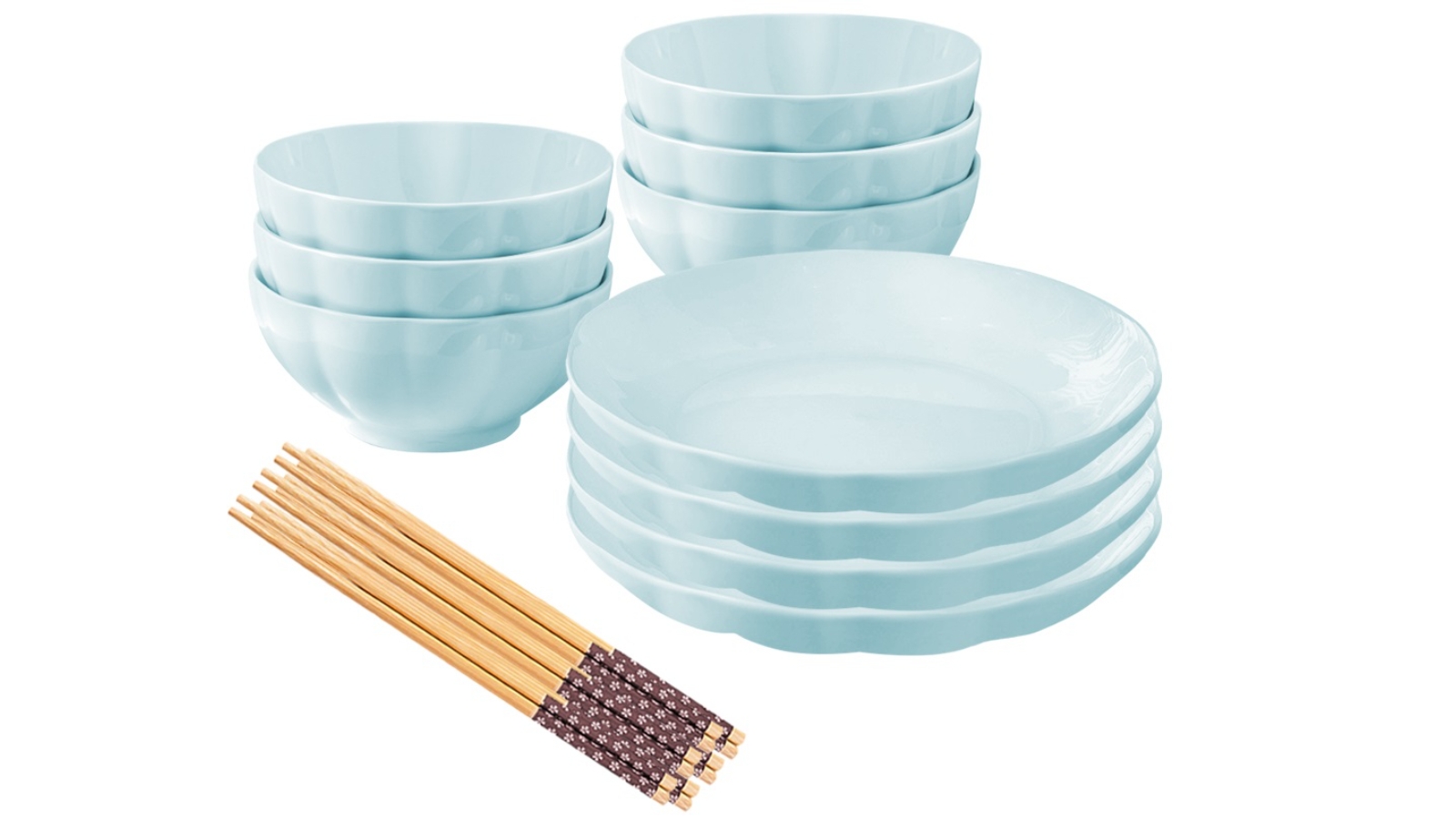 Soga Set of 10 Japanese Style Ceramic Dinnerware Bowl Set - Light Blue