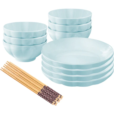 Soga Set of 10 Japanese Style Ceramic Dinnerware Bowl Set - Light Blue