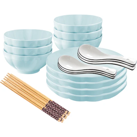 Soga Set of 10 Japanese Style Ceramic Dinnerware Bowl Set with Spoons - Light Blue