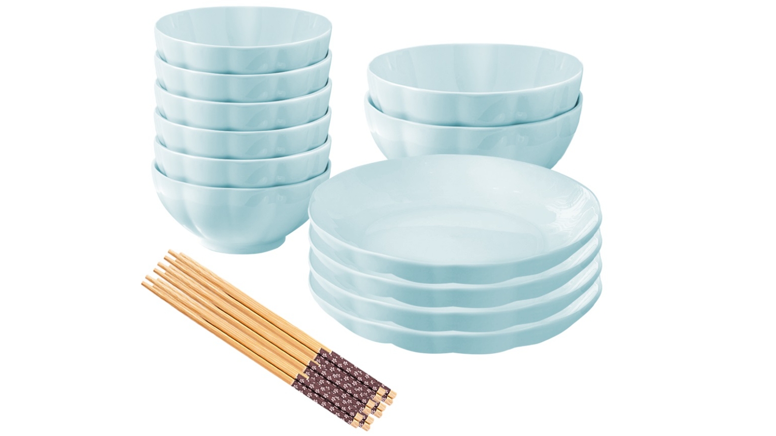 Soga Set of 12 Japanese Style Ceramic Dinnerware Bowl Set - Light Blue