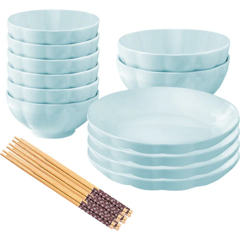Soga Set of 12 Japanese Style Ceramic Dinnerware Bowl Set - Light Blue