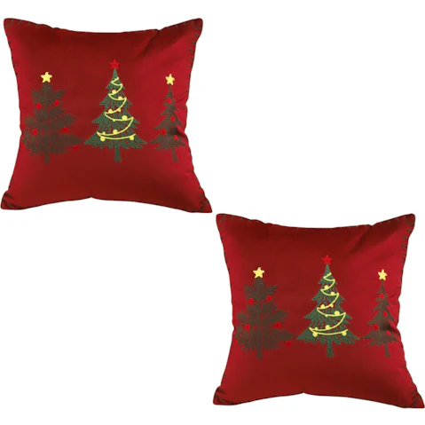 Soga Set of 2 Burgundy Red with 3 Embroidered Christmas Trees Cushion - 45cm