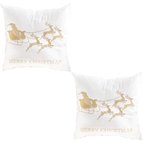 Soga Set of 2 White with Golden Christmas Sleigh Design Cushion - 45cm