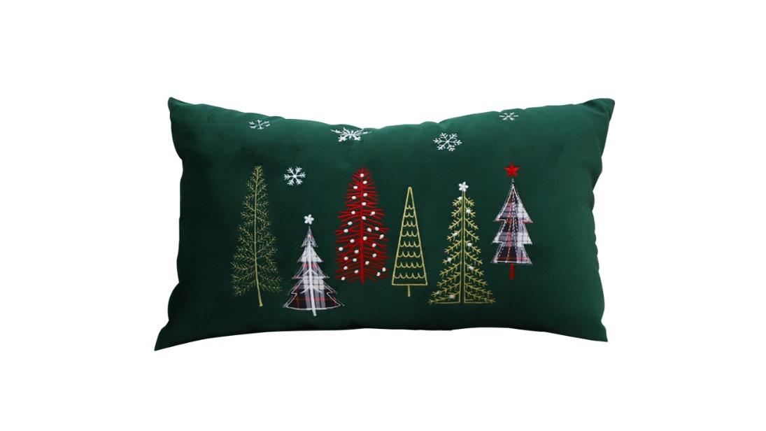 Soga Green Christmas Forest Embroidered Lumbar Cushion - 30cm