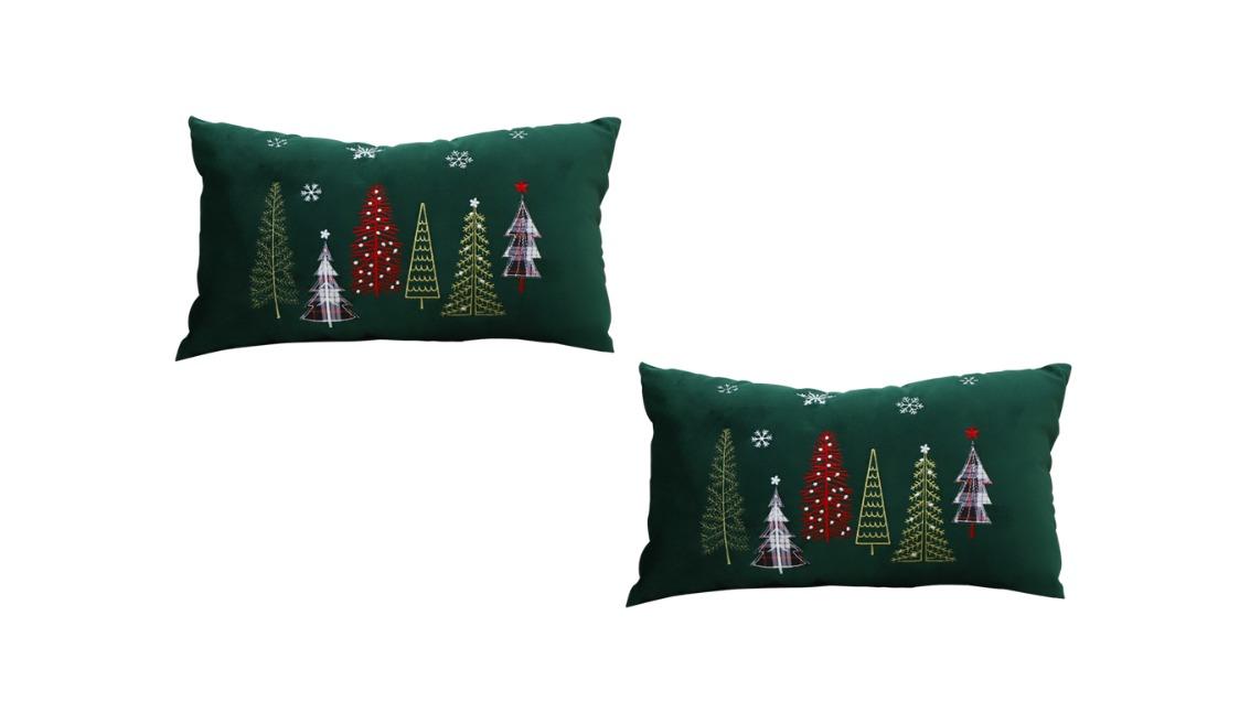 Soga Set of 2 Green Christmas Forest Embroidered Lumbar Cushion - 30cm