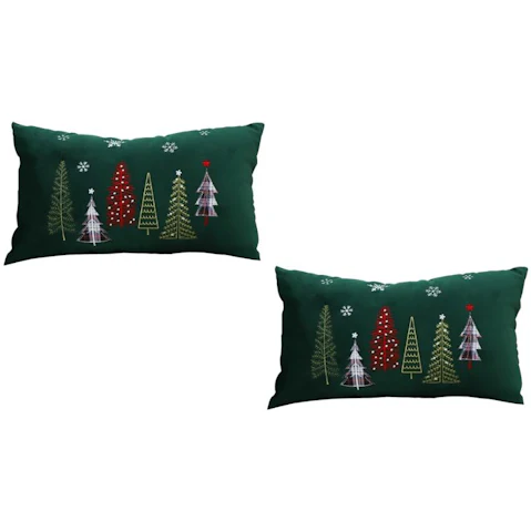 Soga Set of 2 Green Christmas Forest Embroidered Lumbar Cushion - 30cm