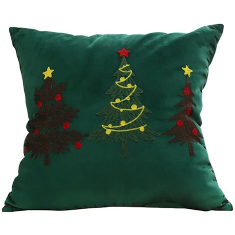 Soga Green 3 Embroidered Christmas Trees Cushion - 45cm