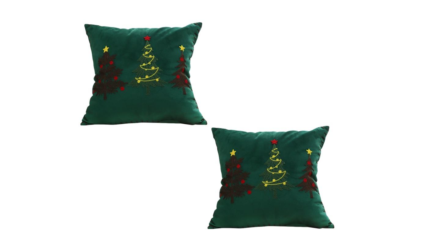 Soga Set of 2 Green 3 Embroidered Christmas Trees Cushion - 45cm