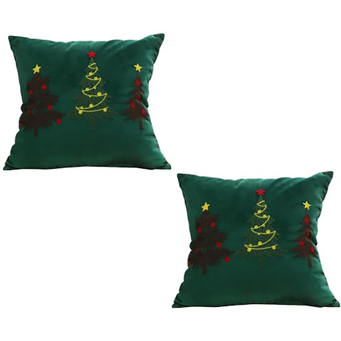 Soga Set of 2 Green 3 Embroidered Christmas Trees Cushion - 45cm