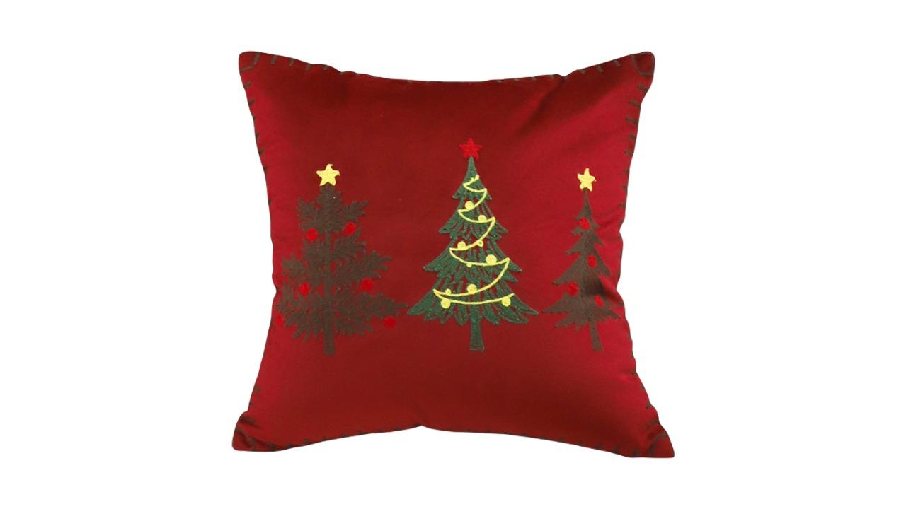 Soga Burgundy Red with 3 Embroidered Christmas Trees Cushion - 45cm