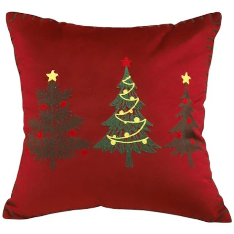 Soga Burgundy Red with 3 Embroidered Christmas Trees Cushion - 45cm