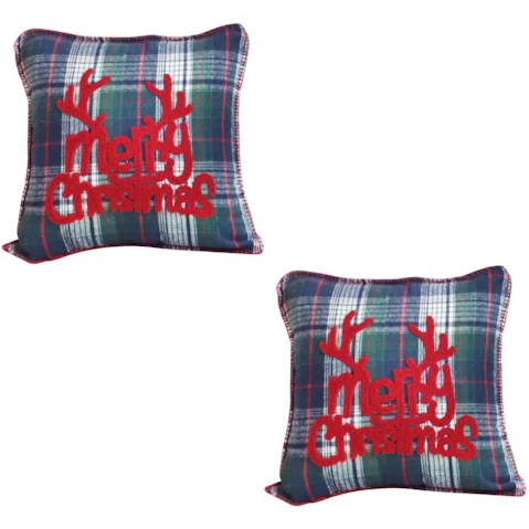 Soga Set of 2 Multi-coloured Christmas Plaid with Antler Design Cushion - 45cm