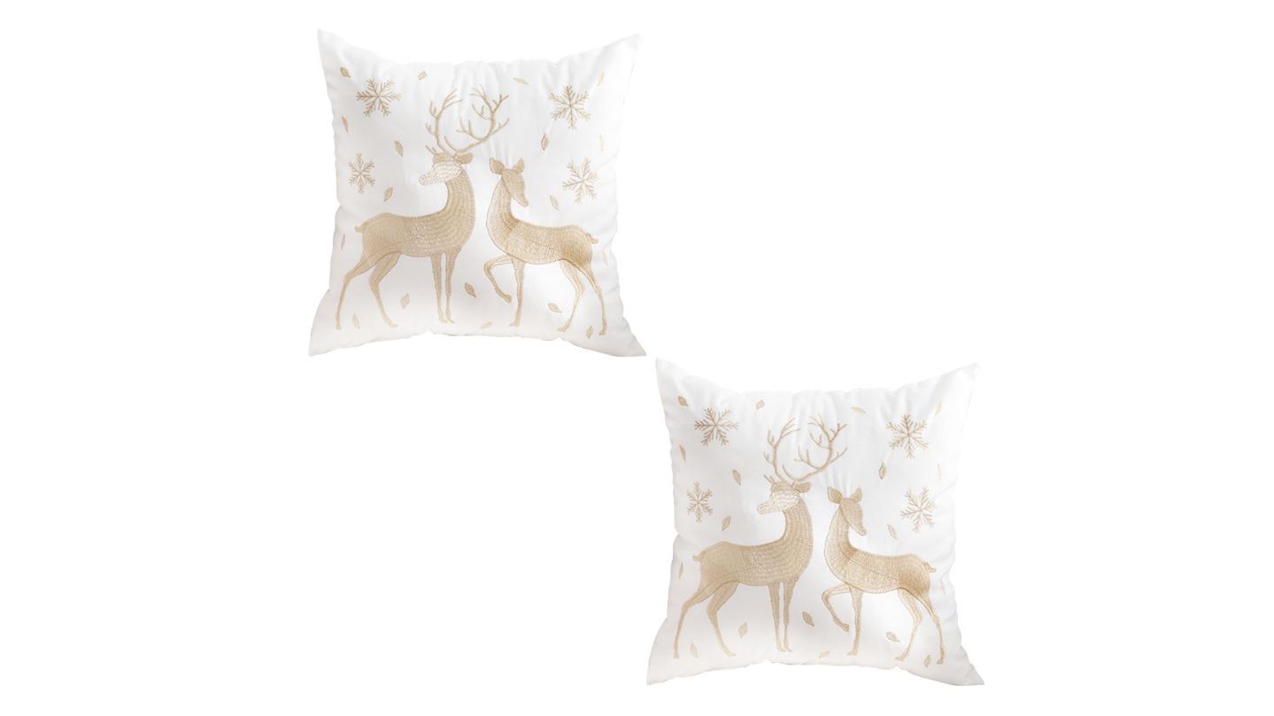 Soga Set of 2 White with Golden Christmas Reindeer Festive Cushion - 45cm