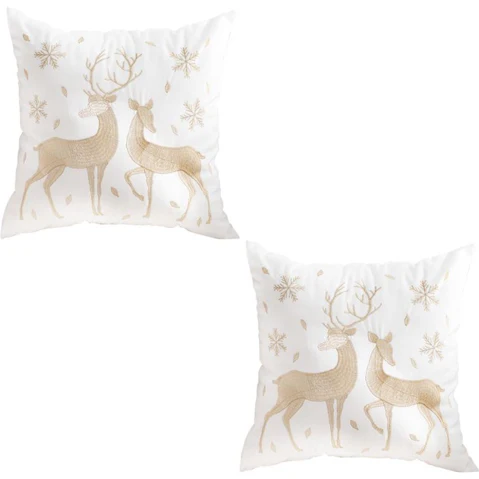 Soga Set of 2 White with Golden Christmas Reindeer Festive Cushion - 45cm