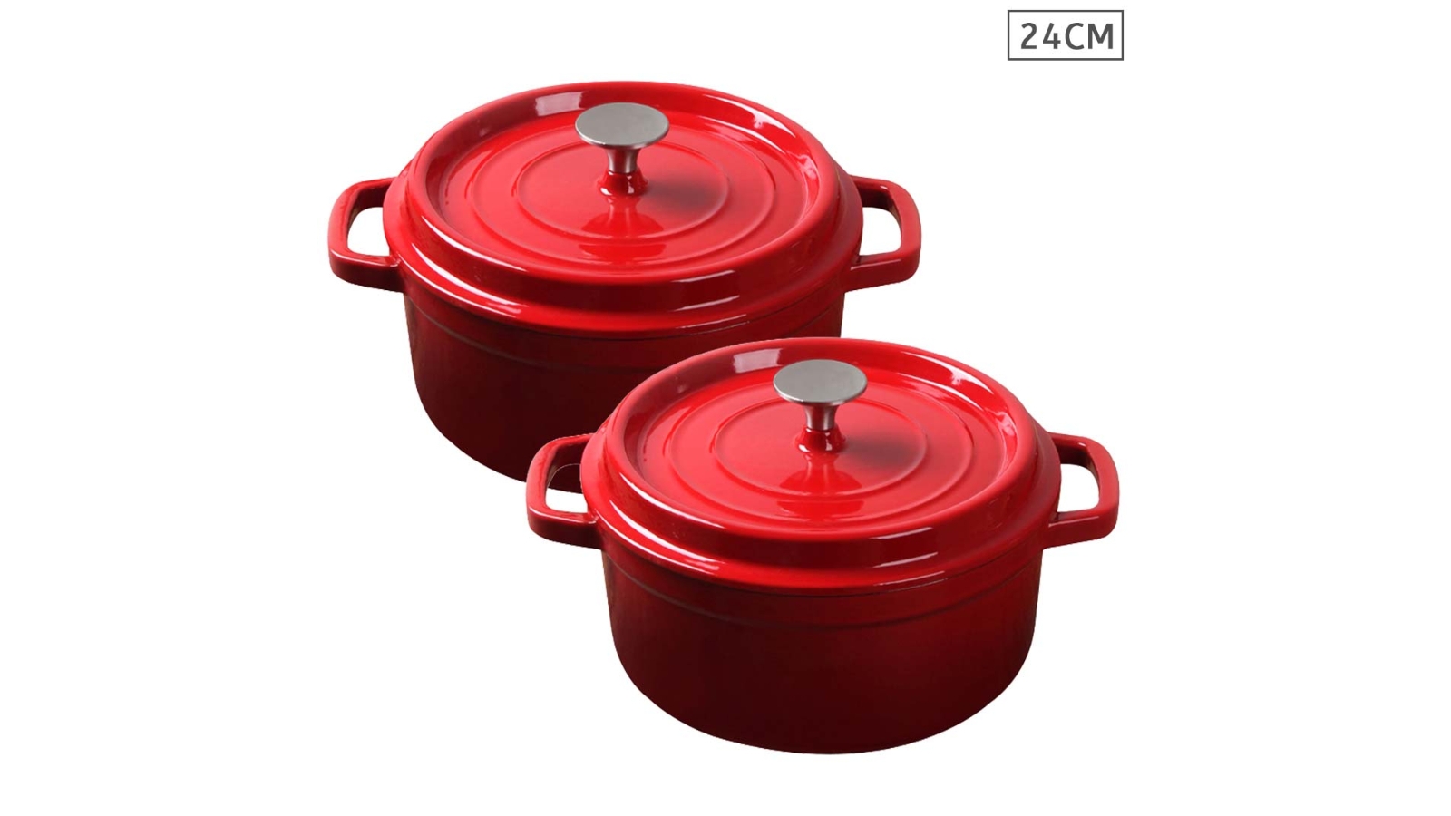 SOGA 2x Cast Iron 24cm Enamel Porcelain Stewpot Casserole Stew Cooking Pot With Lid - Red