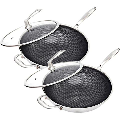 SOGA 2 Piece Stainless Steel Non-Stick Wok with Glass Lid and 34cm Helper Handle