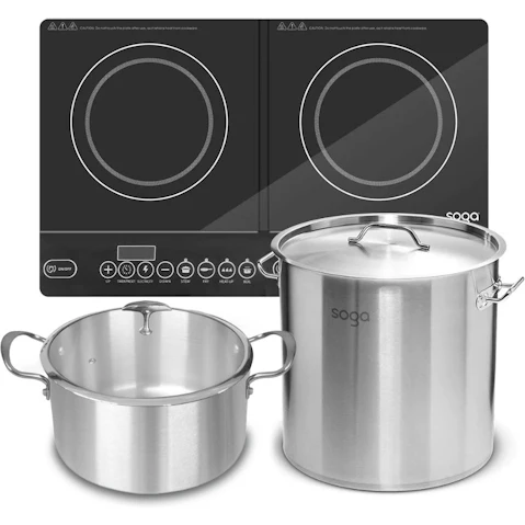 SOGA Dual Burners Cooktop Stove with 17L 28cm Stainless Steel Stock Pot and 28cm Induction Casserole