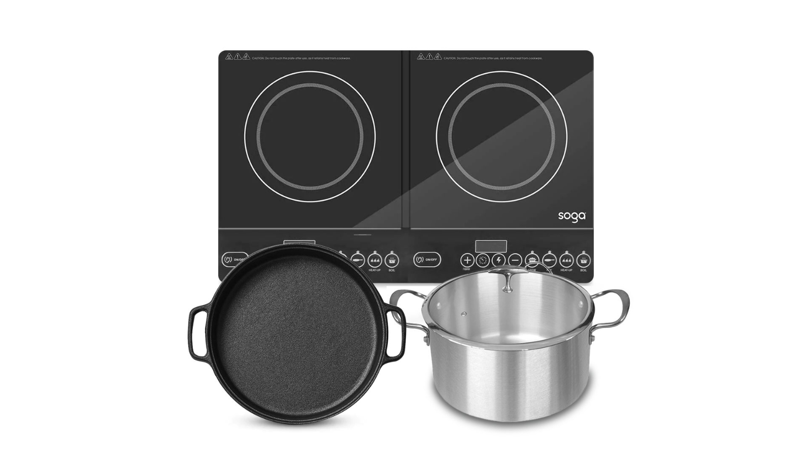 SOGA Dual Burners Cooktop Stove with 30cm Cast Iron Frying Pan Skillet and 28cm Induction Casserole