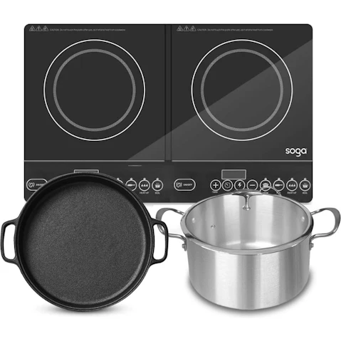 SOGA Dual Burners Cooktop Stove with 30cm Cast Iron Frying Pan Skillet and 28cm Induction Casserole