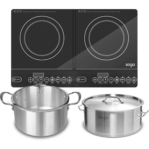 SOGA Dual Burners Cooktop Stove with 14L Stainless Steel Stock Pot and 28cm Induction Casserole