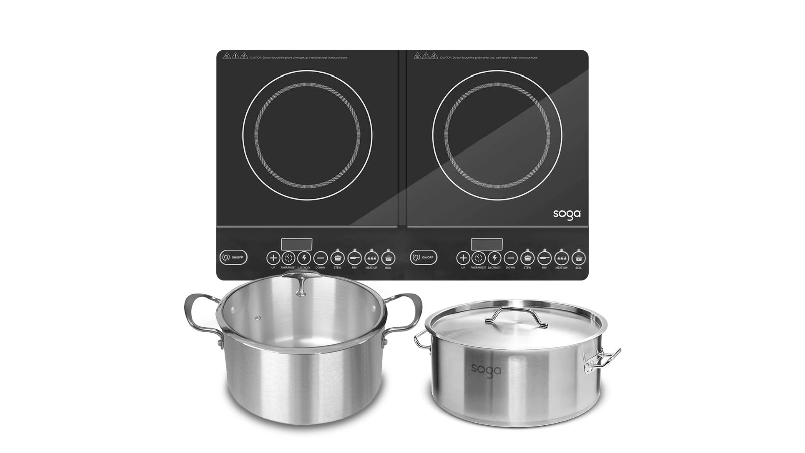 SOGA Dual Burners Cooktop Stove with 17L Stainless Steel Stock Pot and 30cm Induction Casserole