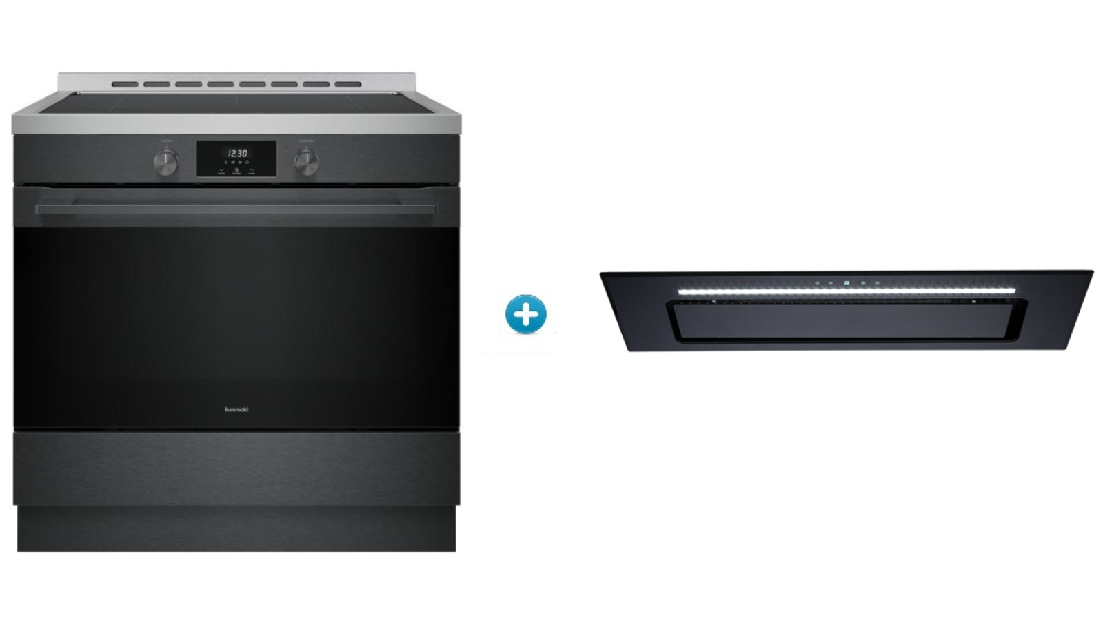 Euromaid 90cm 10 Function Induction Freestanding Cooker plus 90cm Black Glass Under Cupboard Rangehood Package