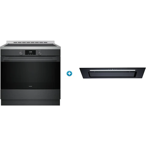 Euromaid 90cm 10 Function Induction Freestanding Cooker plus 90cm Black Glass Under Cupboard Rangehood Package