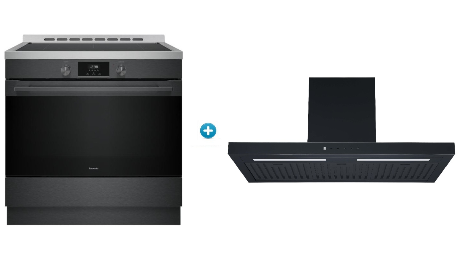 Euromaid 90cm 10 Function Induction Freestanding Cooker plus 90cm Deluxe Flat Canopy Rangehood Package