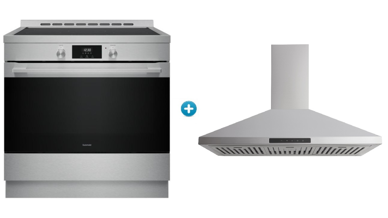 Euromaid 90cm 10 Function Ceramic Freestanding Cooker plus 90cm Pyramid Canopy Rangehood Package