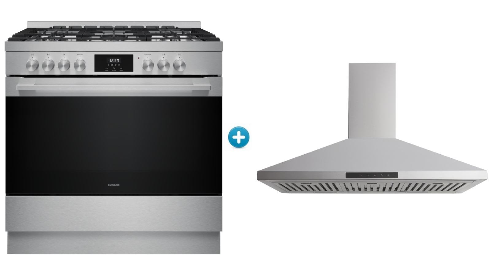 Euromaid 90cm 10 Function Dual Fuel Freestanding Cooker plus 90cm Pyramid Canopy Rangehood Package