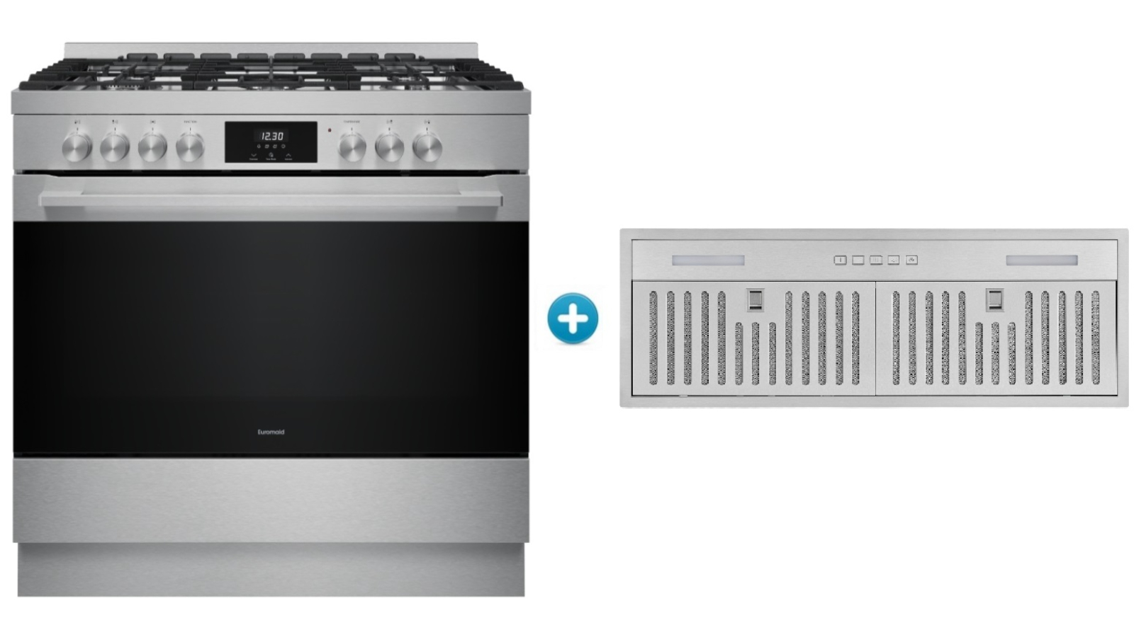 Euromaid 90cm 10 Function Dual Fuel Freestanding Cooker plus 85cm Undermount Rangehood Package