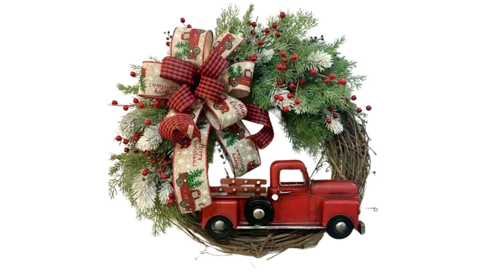 TM Charming Vintage Red Truck Christmas Wreath - Festive House Decor