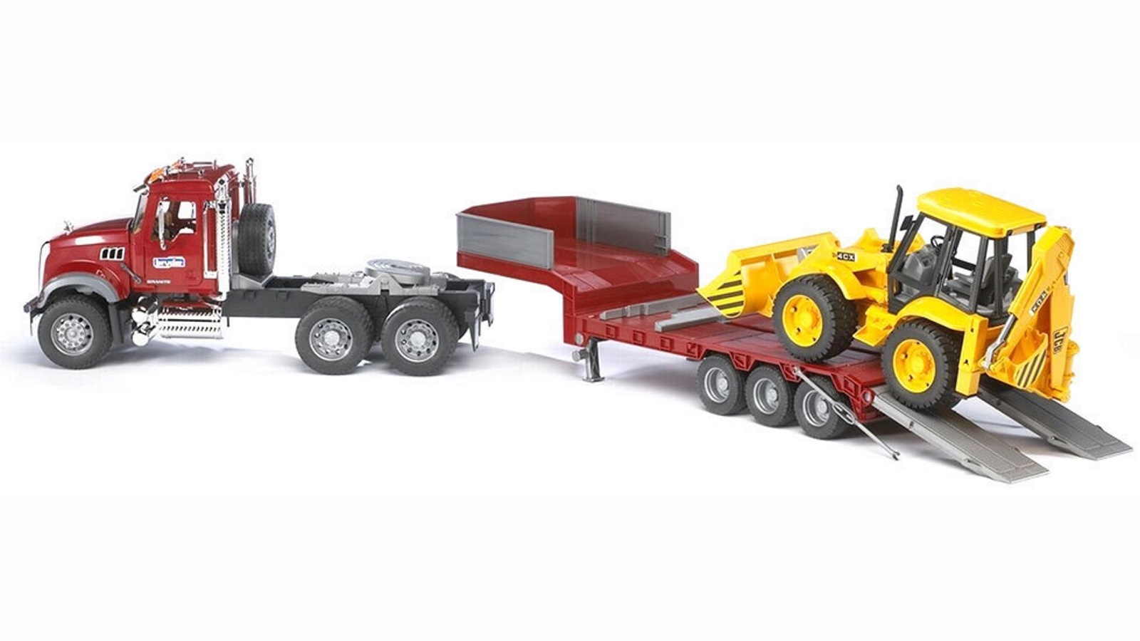 Bruder 1:16 MACK Granite Low Loader with JCB 4CX Backhoe Loader