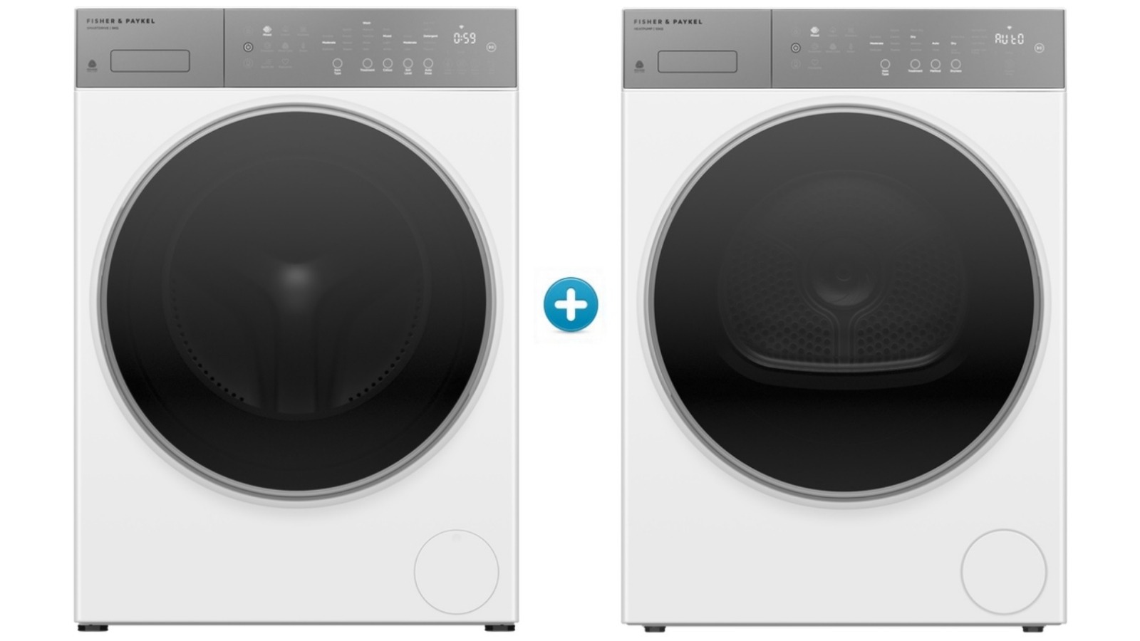 Fisher & Paykel 9kg Series 5 Contemporary FlexiDose Front Load Washing Machine plus 10kg Heat Pump Dryer Package