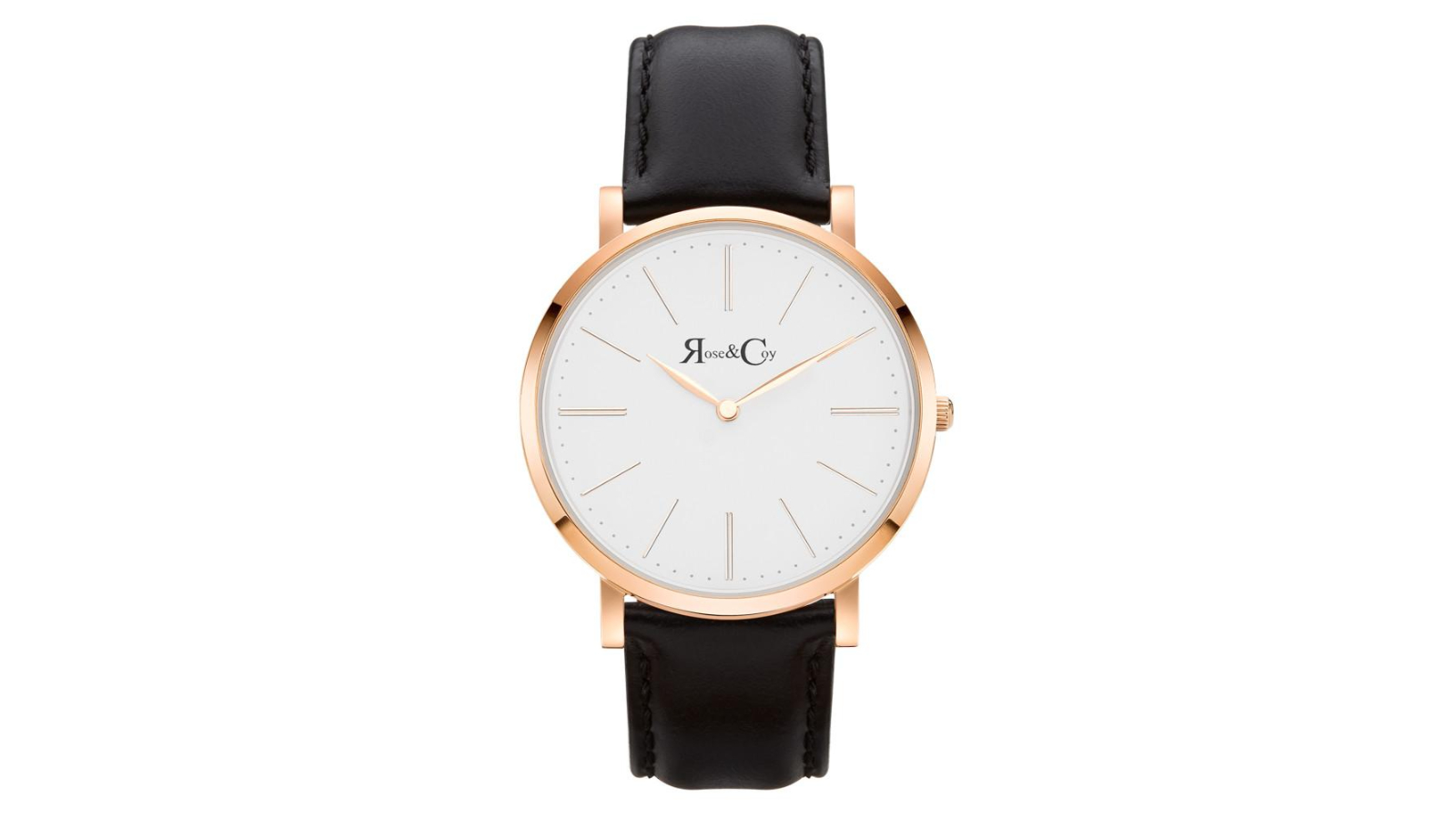 Rose and Coy 4cm Pinnacle Ultra Slim Black Leather Watch - Rose Gold