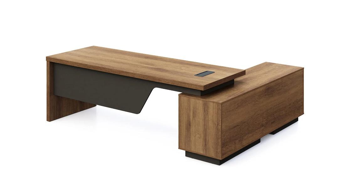 DreasyTech 180/200cm Adjustable Executive Office Desk With Right Return - Brown Oak