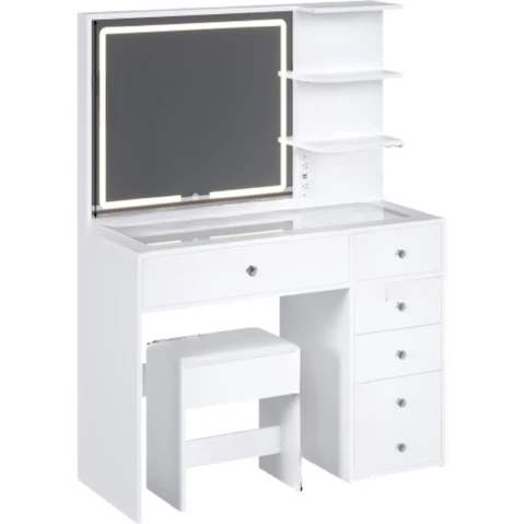 Advwin LED Vanity Dressing Table Set with Stool and Glass Top - White