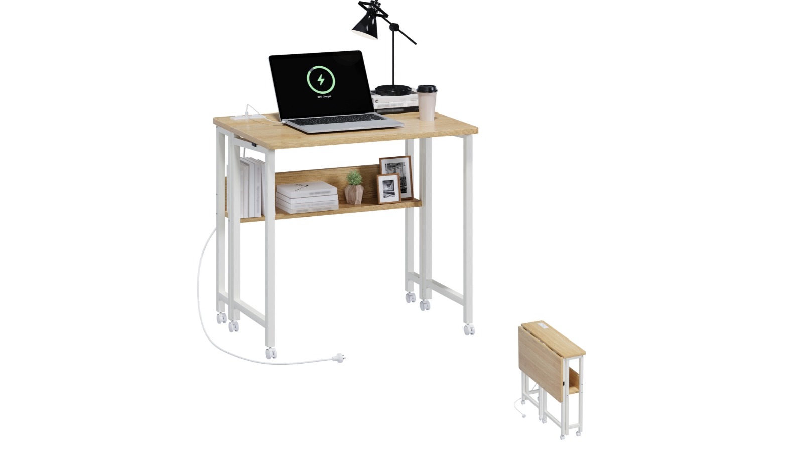 Advwin 80cm Folding Computer Desk with Charging Station - Oak