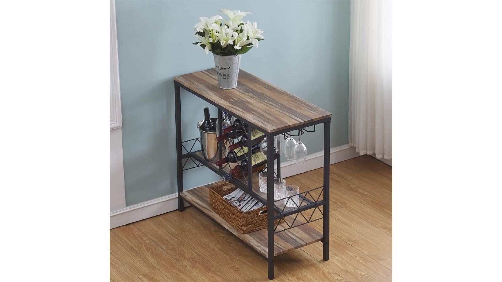 iHomDec Industrial Style Wine Rack Table with Glass Holder Brown Harvey Norman