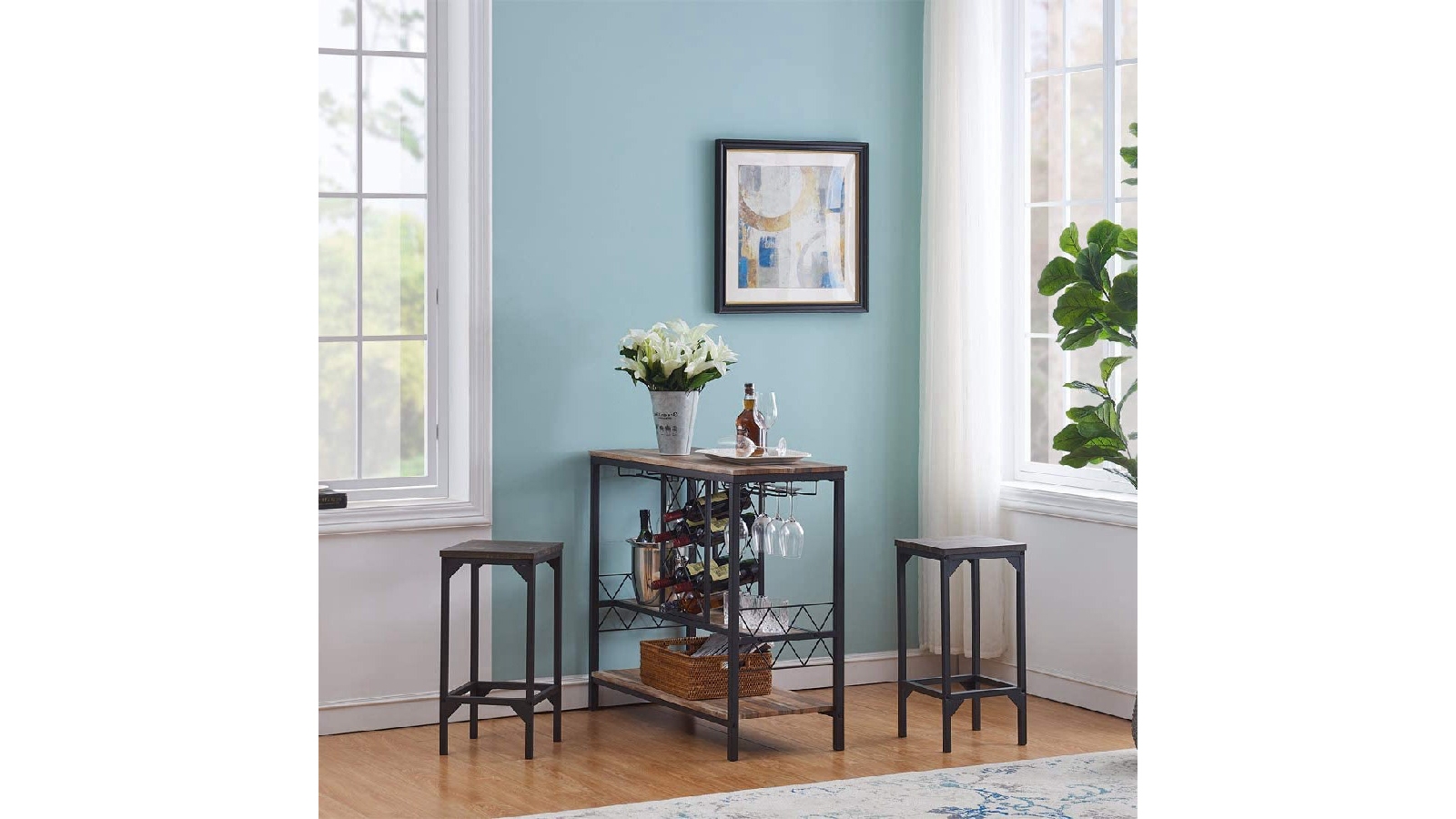 iHomDec Industrial Style Wine Rack Table with Glass Holder Brown